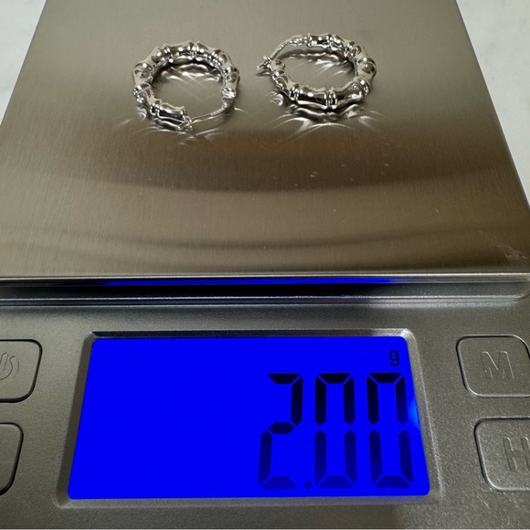 (NEW) Designer ARR Turkey 14K White Gold Bamboo Polished Hoop Earrings - Picture 12 of 12